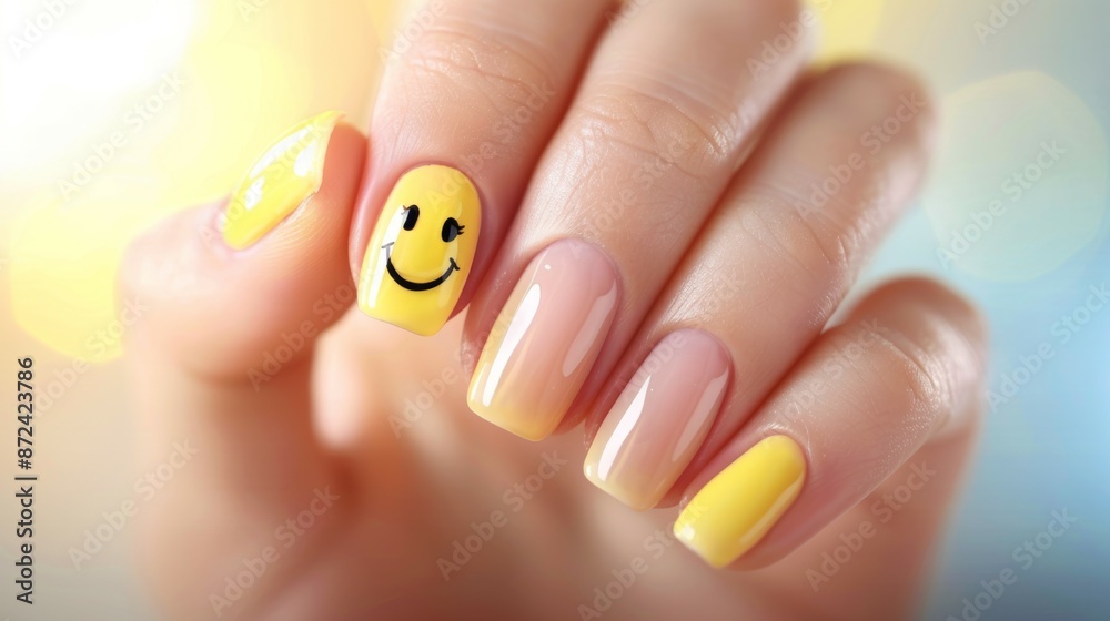 Naklejka premium A hand holding a yellow manicured nail with a smiley face painted on it, nail service concept