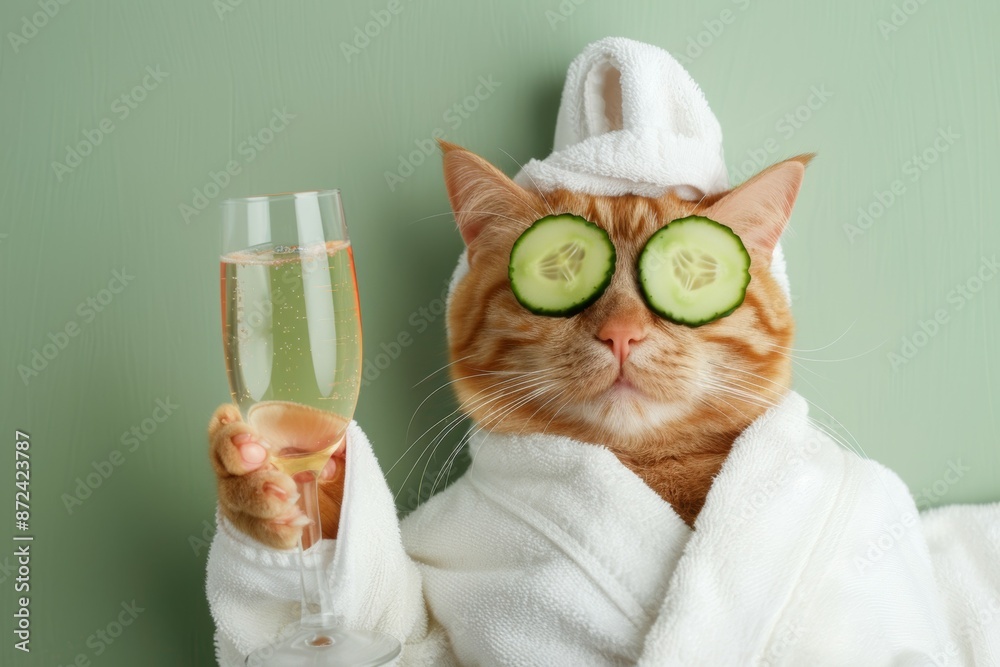 A cat is wearing a towel and holding a glass of champagne, spa relaxation A cat is wearing a towel and holding a glass of champagne, spa relaxation