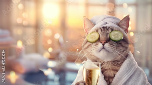 A cat is wearing a towel and holding a glass of champagne, spa relaxation photo