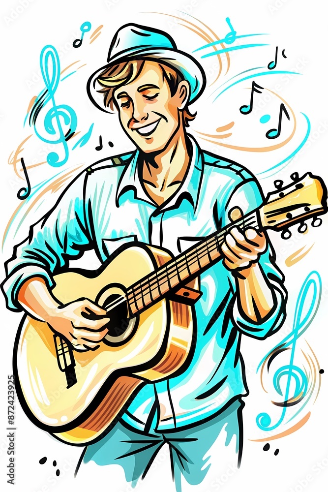 Joyful Guitarist Playing Music, Ideal for Music School Posters, Event Flyers, and Musician Portraits Joyful Guitarist Playing Music, Ideal for Music School Posters, Event Flyers, and Musician Portraits