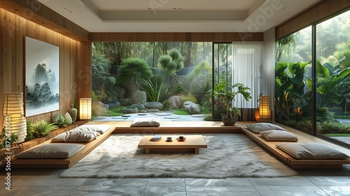 Modern Zen Living Room With Floor Seating and Garden View