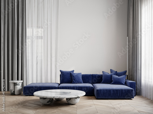 Contemporary minimalist interior with blue sofa, marble coffee tables, chevron wood floor and decor. 3d render illustration mockup.