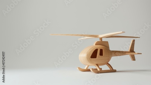 Wooden miniature helicopter model, highly detailed and realistic, isolated background, studio lighting, emphasizing fine craftsmanship photo