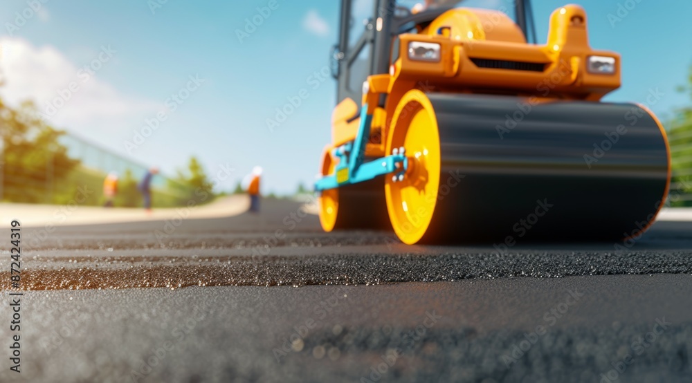 A construction vehicle is rolling a black asphalt road, highway repair A construction vehicle is rolling a black asphalt road, highway repair