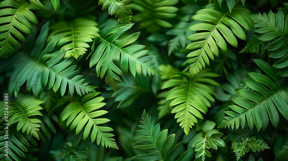 Pattern of delicate fern leaves in various shades of green, creating an elegant and nature-inspired background texture for botanical and eco-friendly projects. , Minimalism,