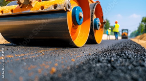 A construction site with a worker wearing a yellow vest, highway repair