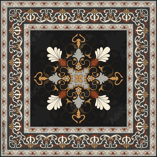 Persian carpet prayer mat Mandala flower pattern Damask frame edge