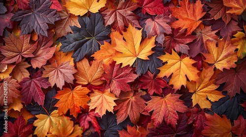 Pattern of overlapping maple leaves in warm autumn colors, creating a rich and seasonal background texture perfect for fall-themed projects. , Minimalism, © DARIKA