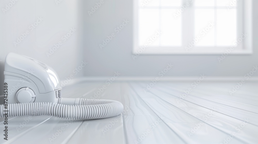 Vacuum cleaner hose securely plugged into wall inlet, central vacuum system, detailed textures, clean and organized space, functional elegance Vacuum cleaner hose securely plugged into wall inlet, central vacuum system, detailed textures, clean and organized space, functional elegance