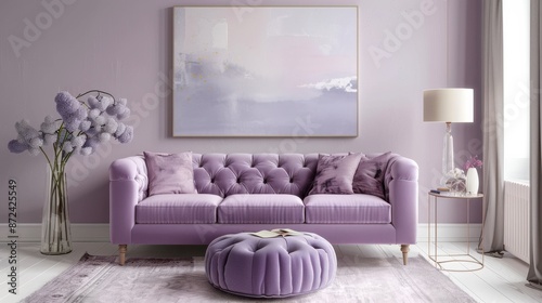 Elegant Living Room Interior Design with Purple Sofa, Ottoman, and Abstract Artwork.