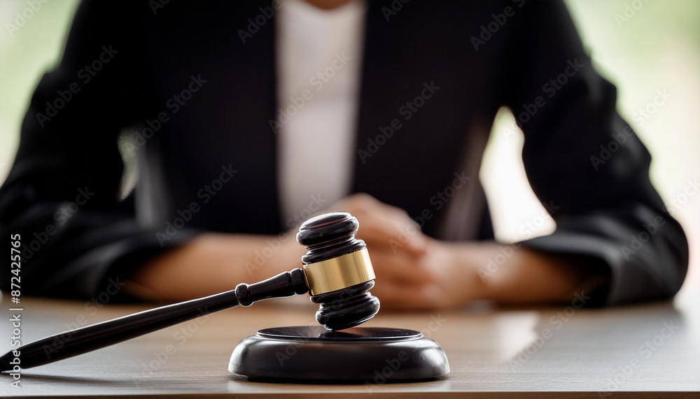 Judge's gavel on table in office against blurred prosecutor, closeup view Judge's gavel on table in office against blurred prosecutor, closeup view