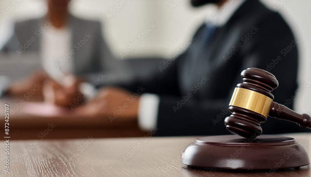 Judge's gavel on table in office against blurred prosecutor, closeup view Judge's gavel on table in office against blurred prosecutor, closeup view