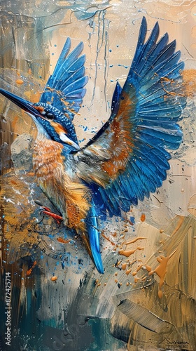 A kingfisher on a branch is captured in an abstract artistic representation.