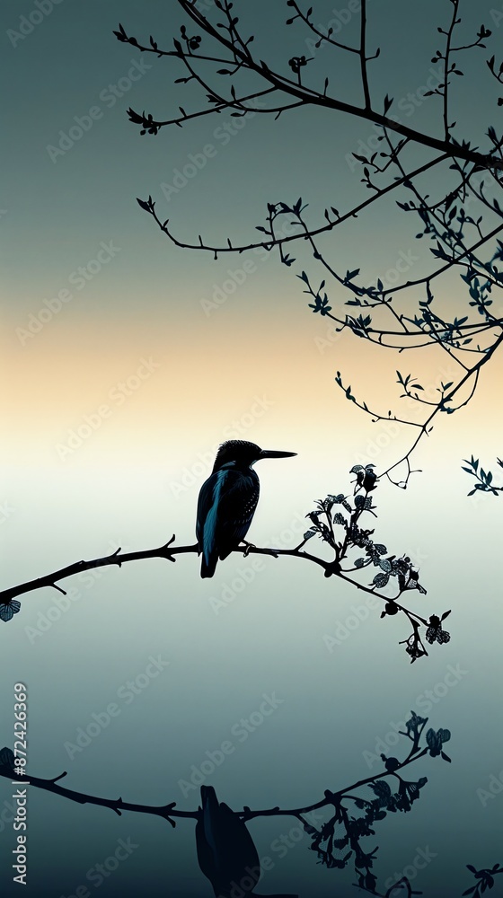 At dawn, the golden sky frames the silhouette of a kingfisher. At dawn, the golden sky frames the silhouette of a kingfisher.