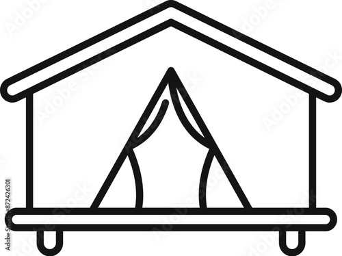 Simple line icon of a glamping house, blending the comfort of home with the adventure of the great outdoors