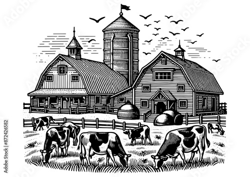 rural charm of a milk dairy farm scene with cattle grazing in front of a classic barn and windmill sketch engraving generative ai PNG illustration. Scratch board imitation. Black and white image.