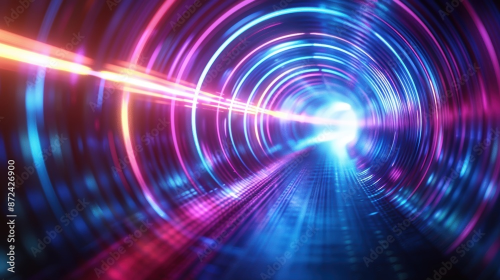 Abstract futuristic tunnel with bright neon lights and geometric patterns, creating a sense of motion and speed in a digital space. Abstract futuristic tunnel with bright neon lights and geometric patterns, creating a sense of motion and speed in a digital space.