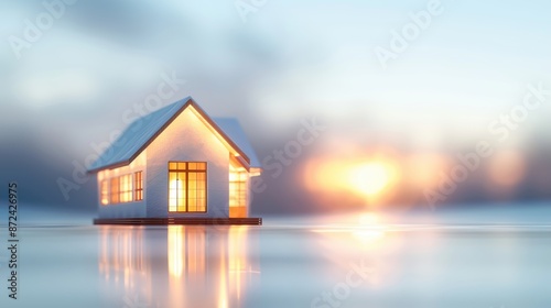 Cozy house with warm lights in a serene winter landscape, reflecting on a calm water surface at sunset. © ZethX