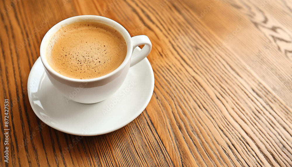 Cup of tasty coffee on table in cafe, top view; space for text Cup of tasty coffee on table in cafe, top view; space for text