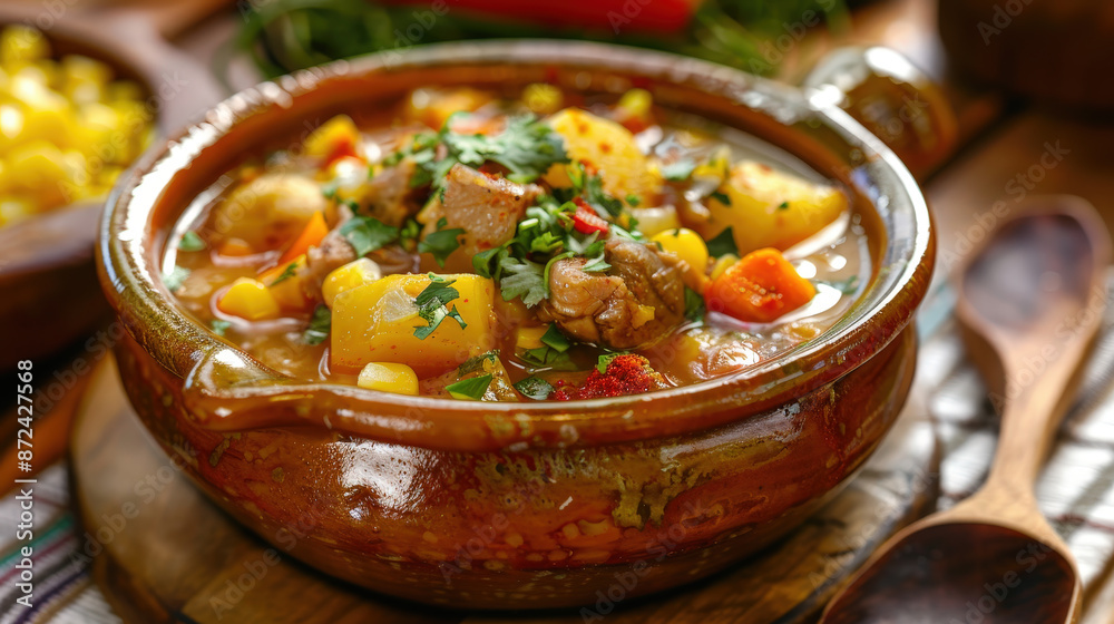 Locro Argentino, thick and nutritious soup of pieces of meat, corn, potatoes and pumpkin in a bowl Locro Argentino, thick and nutritious soup of pieces of meat, corn, potatoes and pumpkin in a bowl