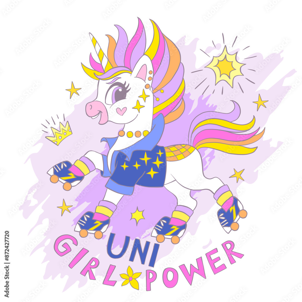 Obraz premium Greeting card with cute unicorn on roller skates and lettering