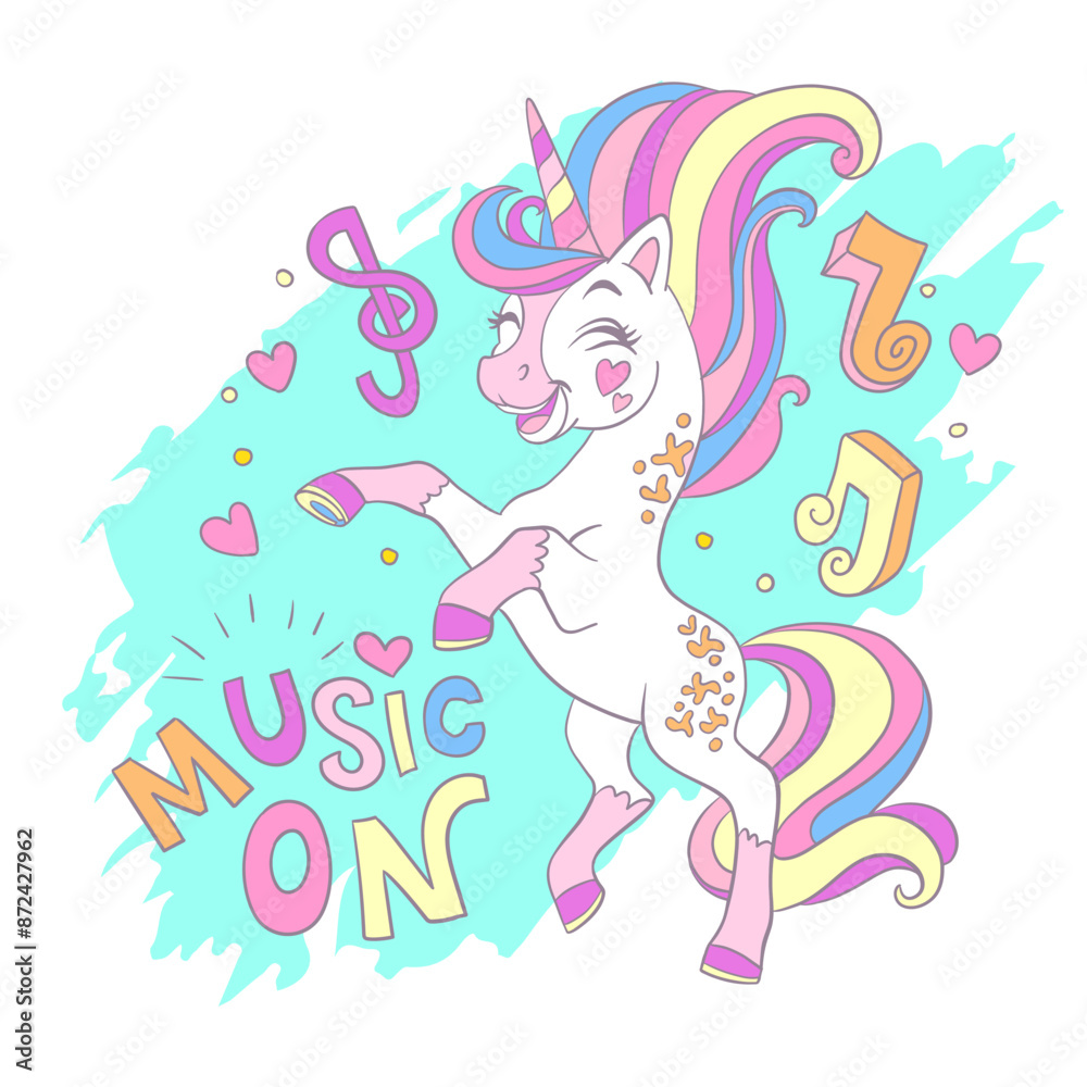 Obraz premium Greeting card with cute dancing unicorn and lettering vector