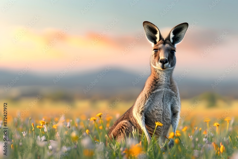 Kangaroo stands in vibrant meadow with wildflowers, rolling hills, and pastel sky in the background Kangaroo stands in vibrant meadow with wildflowers, rolling hills, and pastel sky in the background