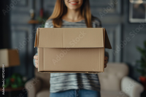 A woman holding a cardboard box in front of her, partially visible with a focus on the box. The mood is casual and practical, suitable for moving, delivery, or storage themes. Copy space