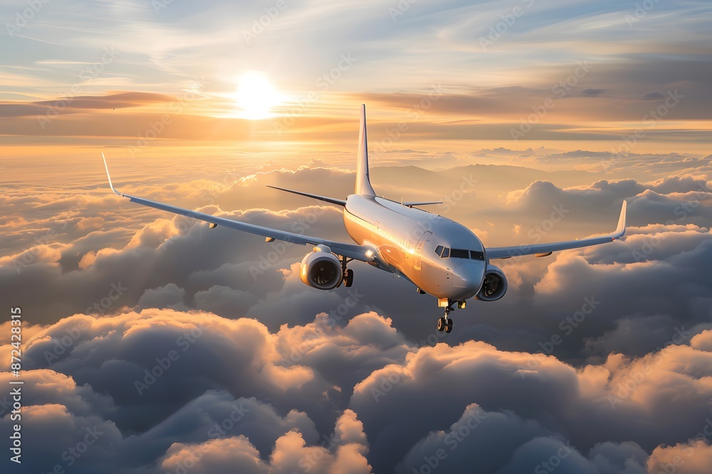 Commercial airplane flying above the clouds during a stunning sunset. Commercial airplane flying above the clouds during a stunning sunset.