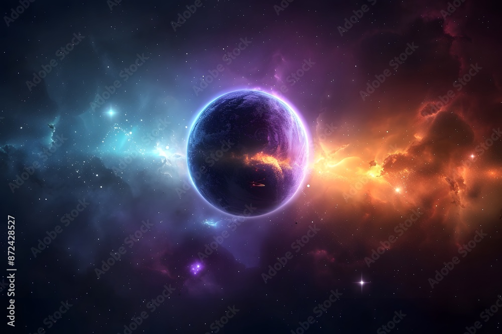Fototapeta premium Vibrant colorful planet in luminous nebula deep space scene