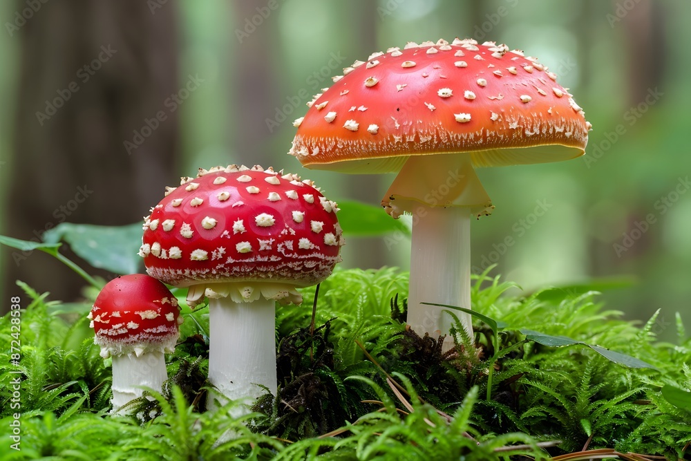 Obraz premium Vibrant red mushrooms with white spots growing in a lush green forest setting.