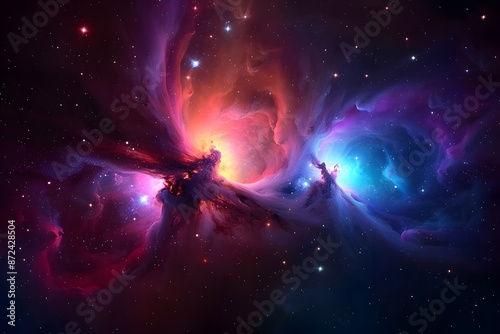 Colorful nebula with red and blue hues surrounded by countless stars in deep dark space