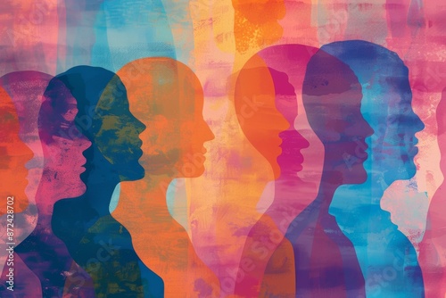 A vibrant abstract image of overlapping human profiles in various colors, suggesting diversity and unity. The silhouettes blend together against a colorful background.