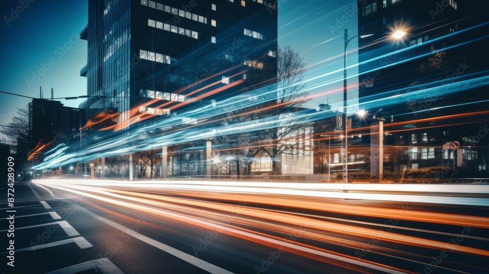 Obraz premium Light trails on the modern building background. Light trails at night in urban environment, Abstract Motion Blur City, traffic, transportation, street, road, speed