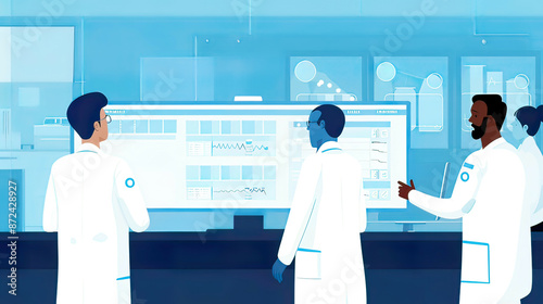 Flat illustration of diverse doctors interacting with a virtual computer screen featuring digital buttons representing innovative technology in modern medical treatment blue hues 