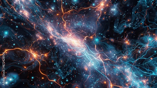 abstract visualization of a neural network with pulsating energy flows between nodes set in a cosmic void with distant galaxies and nebulae