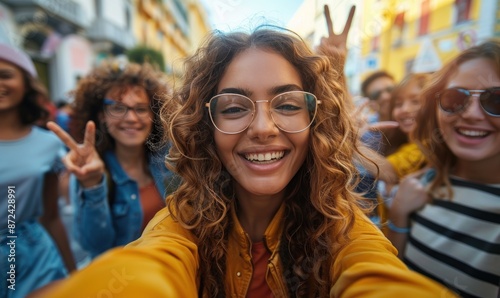 A group of young women are smiling and posing for a picture. One of the women is wearing glasses and has her hair in a ponytail. The group is wearing sunglasses and some of them are holding hands