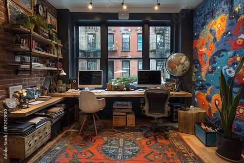 Modern Home Office With Brick Wall, Two Desktops, and World Map Wall Art
