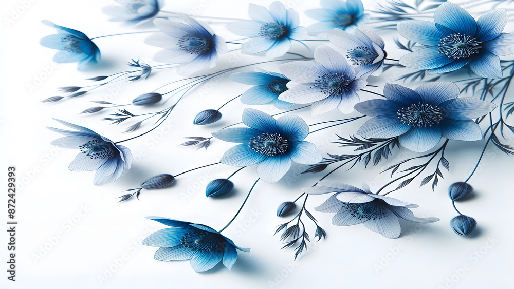 A close up of blue flowers on a white background