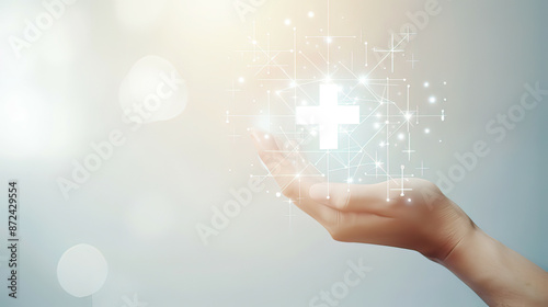 Wallpaper Mural Hand presenting a virtual plus sign symbolizing positive benefits personal development social network and health insurance blue and white color scheme with copy space  Torontodigital.ca