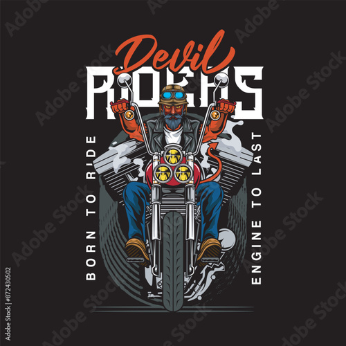 Vector Illustration of Devil Riding Chopper Motorcycle in Front View and Engines with Vintage Illustration Available for Tshirt Design