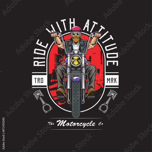 Vector Illustration of Man Riding Chopper Motorcycle in Front View with Vintage Illustration Available for Tshirt Design