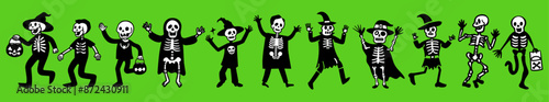 A cute simple doodle vector illustration set of people in various skeleton Halloween costumes