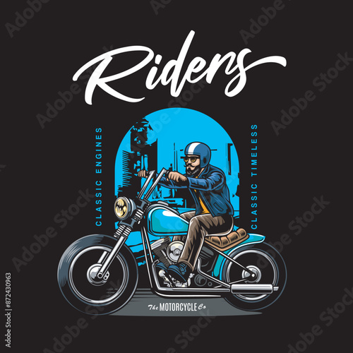 Vector Illustration of Man Riding Chopper Motorcycle with Vintage Illustration Available for Tshirt Design