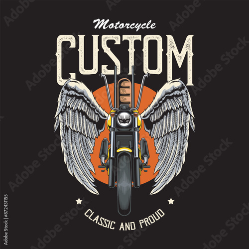 Vector Illustration of Chopper Motorcycle with Wings in Front View with Vintage Illustration Available for Tshirt Design