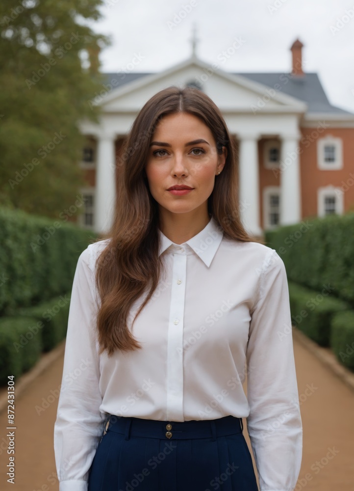 portrait of a beautiful woman in garden outdoor long hair brown young and white clothes looking at camera business woman portrait of a beautiful woman in garden outdoor long hair brown young and white clothes looking at camera business woman