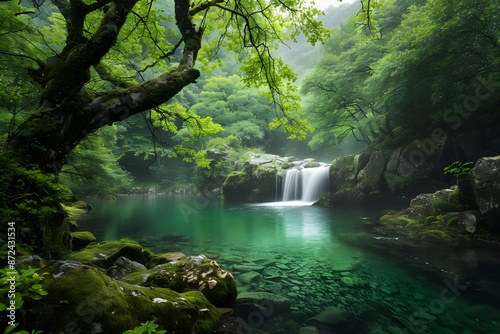 A serene waterfall flows into a crystal-clear pool surrounded by lush, green forest.