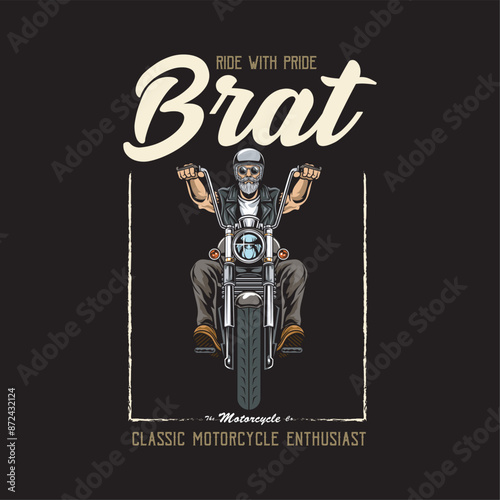 Vector Illustration of Man Riding Chopper Motorcycle in Front View with Vintage Illustration Available for Tshirt Design