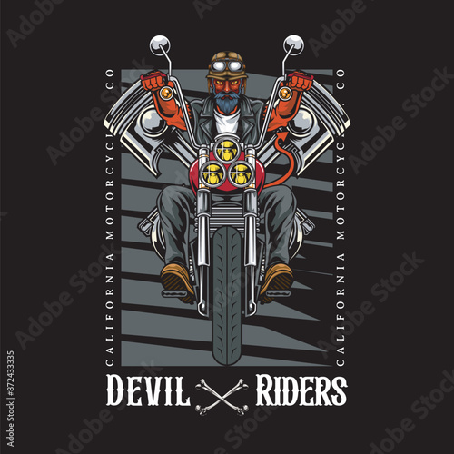 Vector Illustration of Devil Riding Chopper Motorcycle in Front View and Pistons with Vintage Illustration Available for Tshirt Design