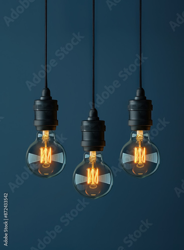 three edison light bulbs hanging on a deep blue background